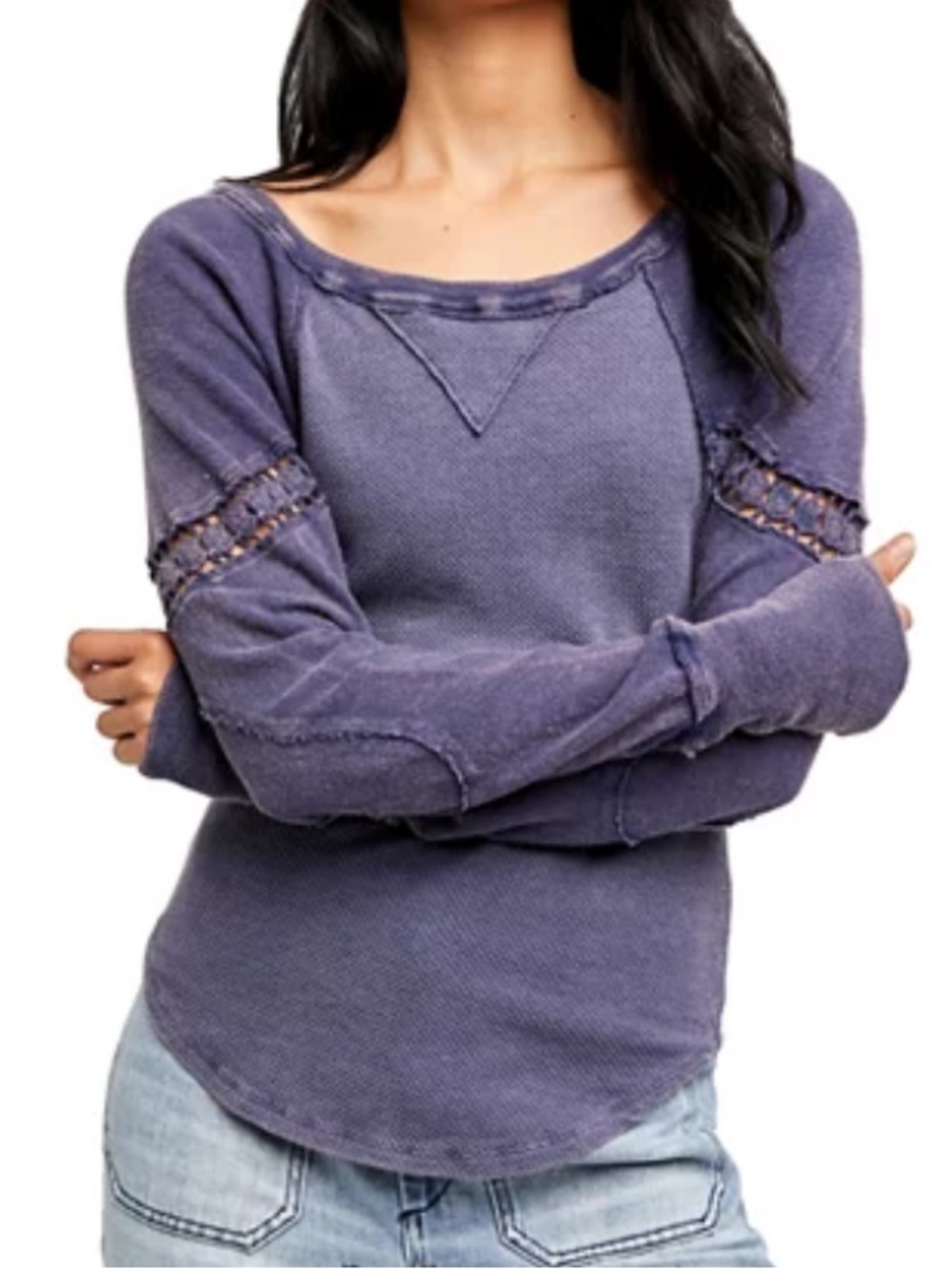 Artelier Nicole Millercrochet back denim blue waffle knit top size Medium